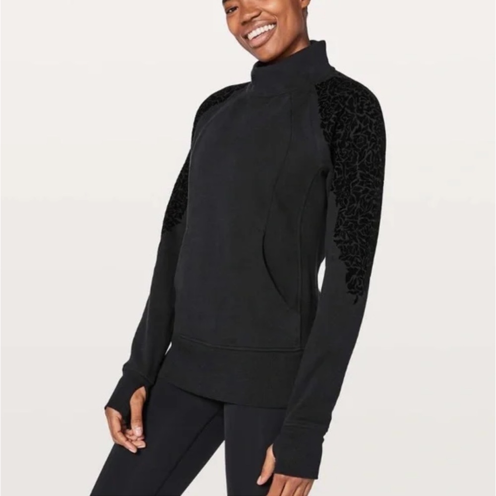 Lululemon floral flock black quarter zip pull over sweater size 12